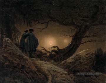  antique - Deux hommes contemplant la lune romantique Caspar David Friedrich